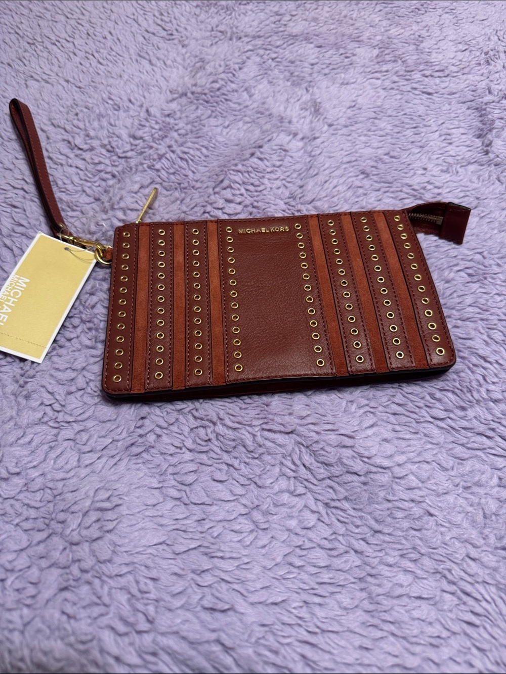 Michael Kors Chestnut Brown Leather Wristlet with Gold-Tone Studs